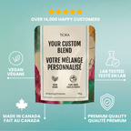 A stand-up pouch of Tiora Vegan Custom Blend supplement all natural 100% real ingredients on a light aqua background with marketing callouts in English and French, including 'Over 14,000 Happy Customers,' 'Vegan,' 'Lab Tested,' 'Made in Canada,' and 'Premium Quality.'.